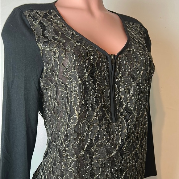 MAURICES Women’s 4/4  Sleeve Gold Lace 1/2 Zip Blouse Top Shirt - Picture 3 of 8
